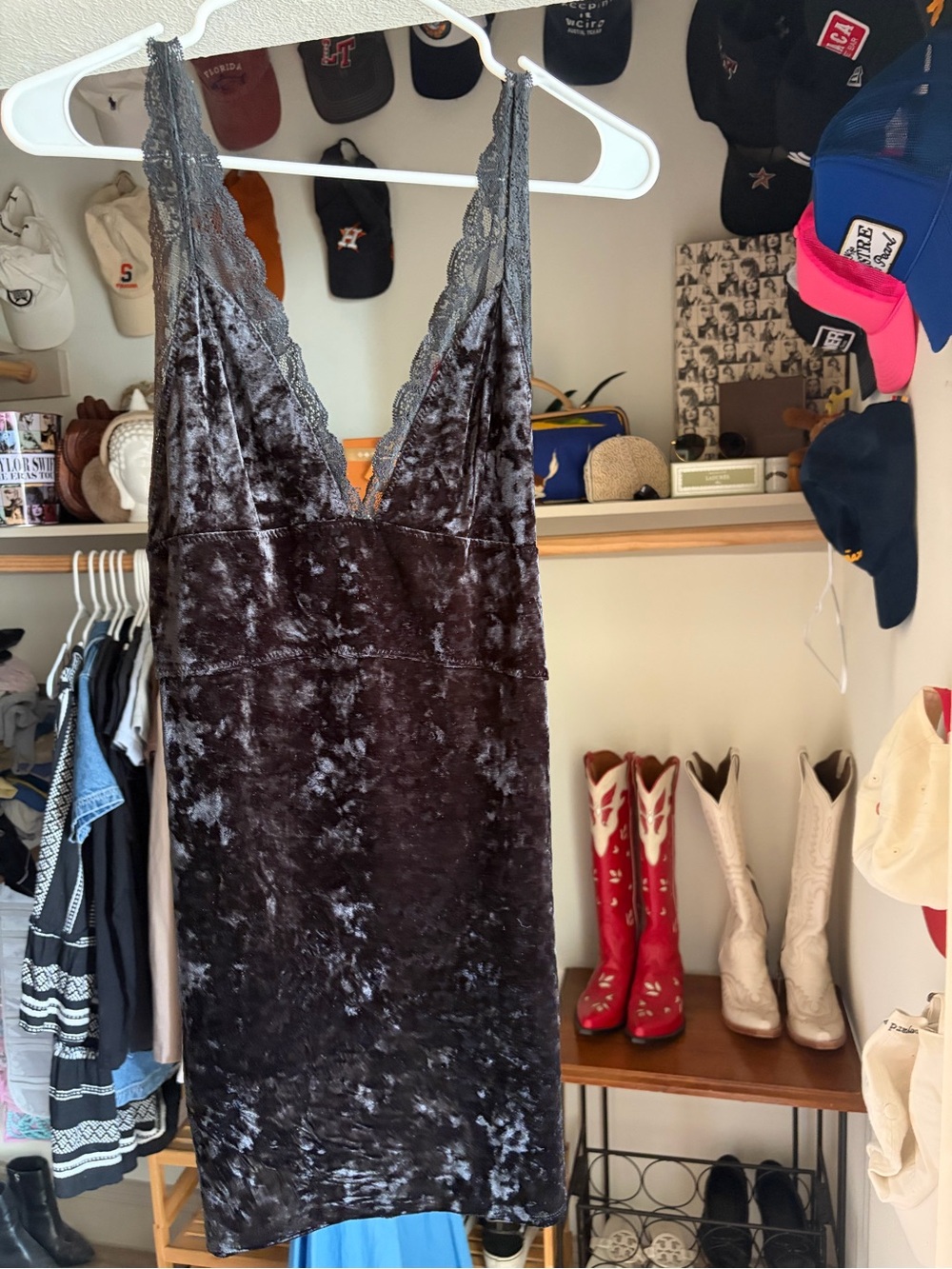 Free People Velvet Slip Dress in Charcoal Gray with Lace Trim